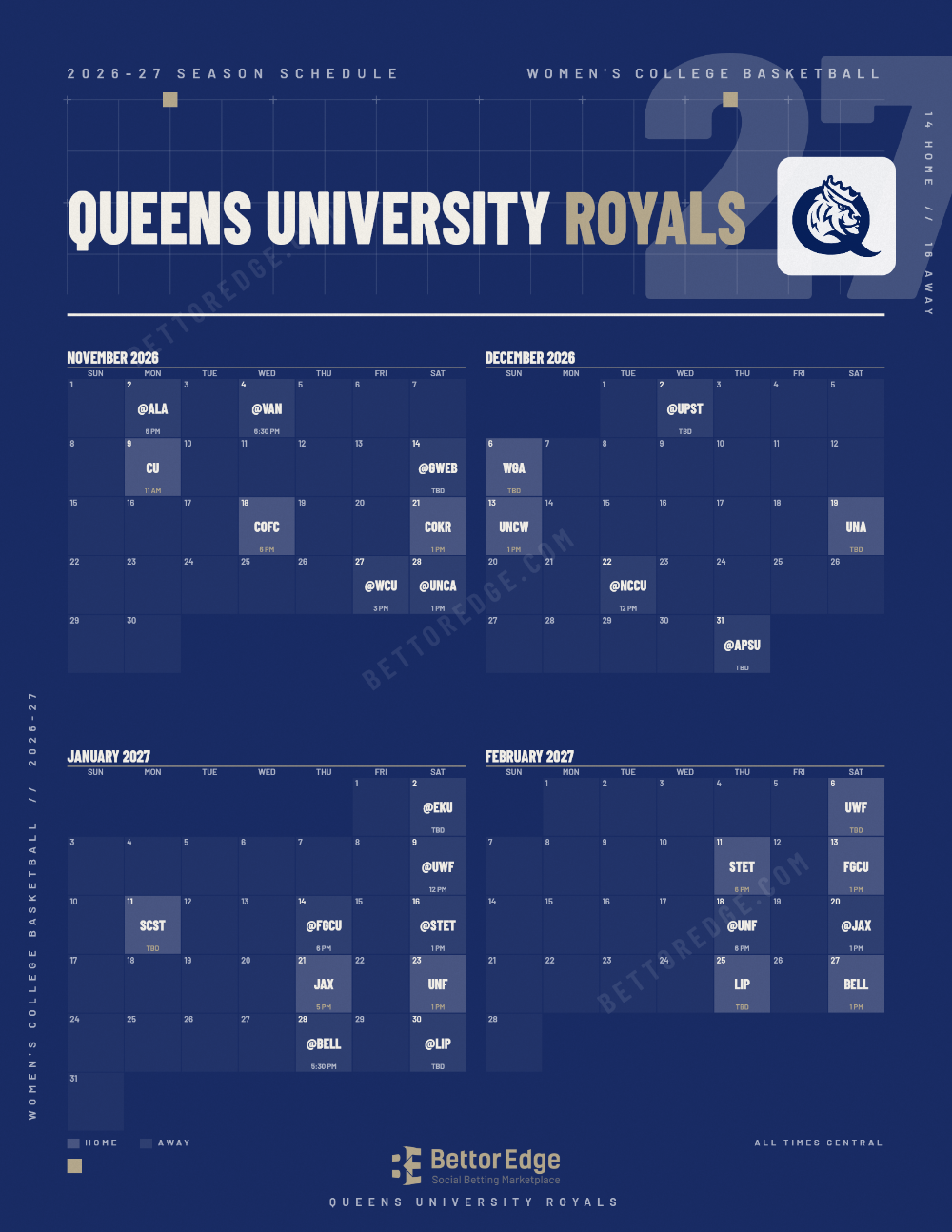 Queens University Royals 2026-27 women's basketball schedule, free printable, every game with start times and TV