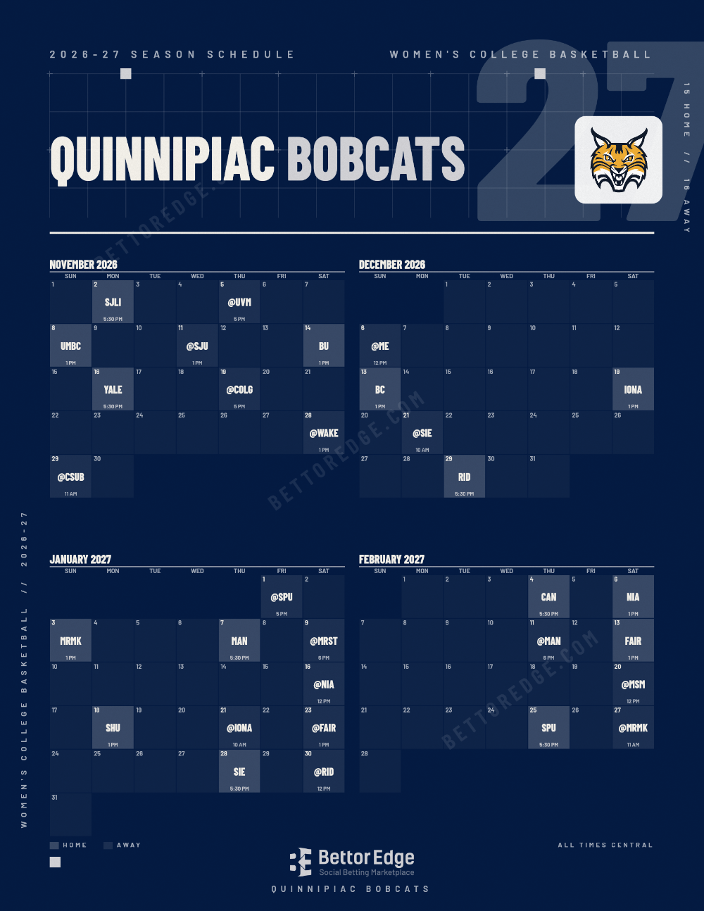 Quinnipiac Bobcats 2026-27 women's basketball schedule, free printable, every game with start times and TV