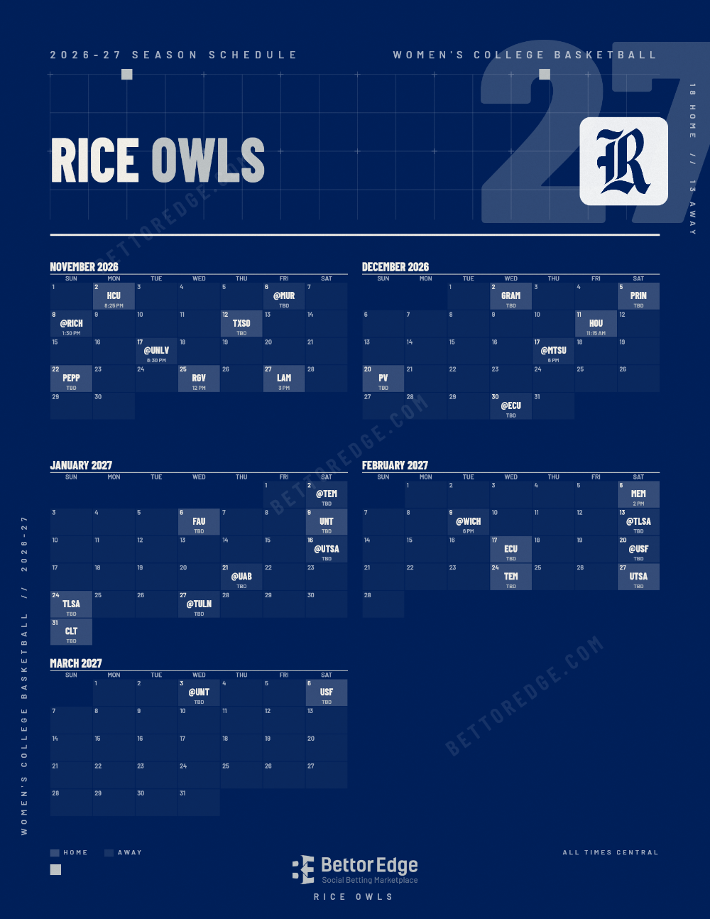 Rice Owls 2026-27 women's basketball schedule, free printable, every game with start times and TV