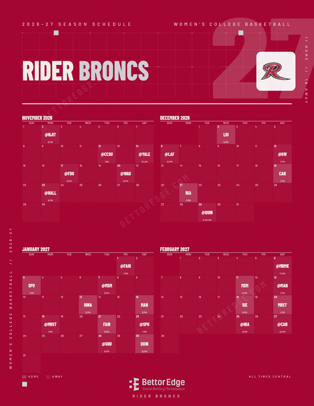 Rider Broncs 2026-27 women's basketball schedule, free printable, every game with start times and TV
