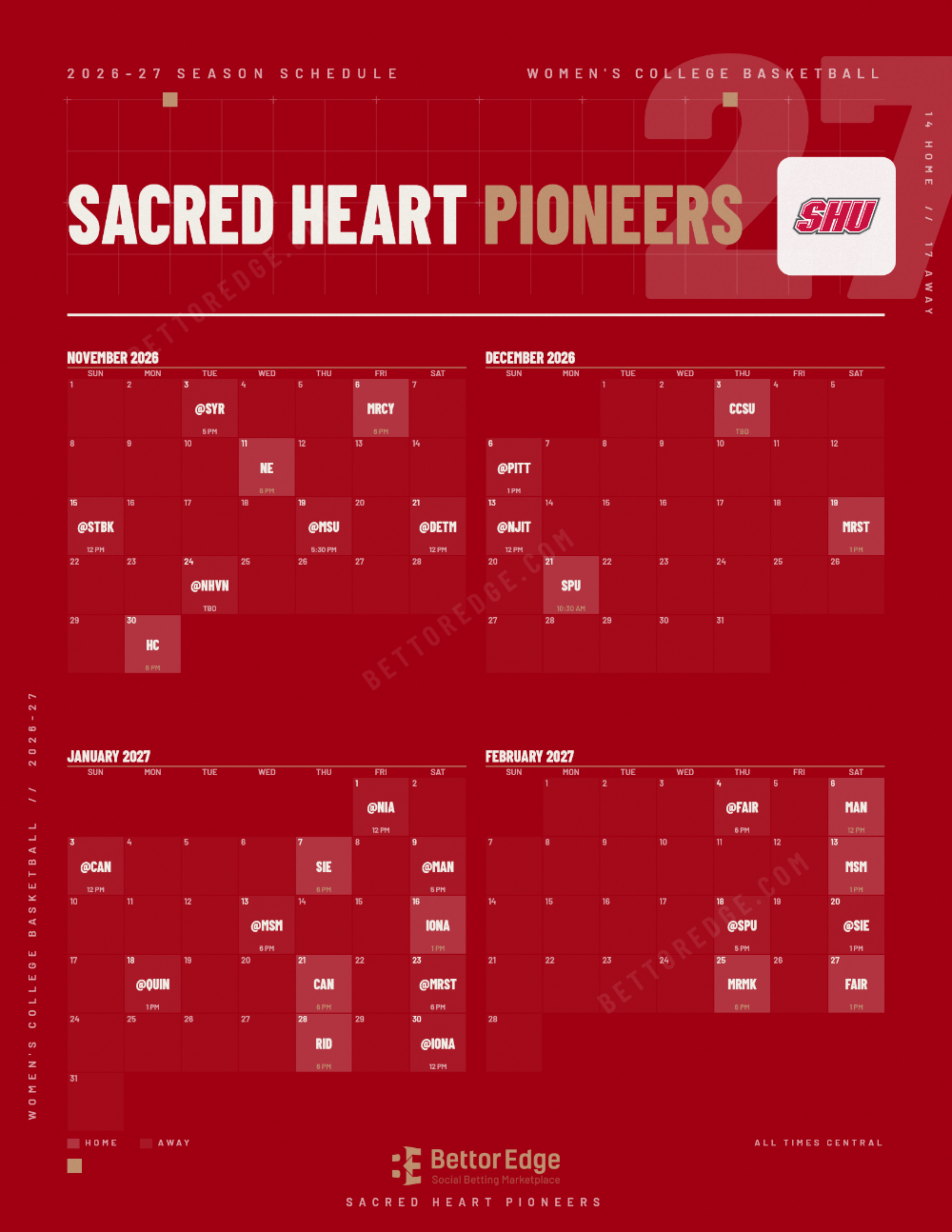 Sacred Heart Pioneers 2026-27 women's basketball schedule, free printable, every game with start times and TV