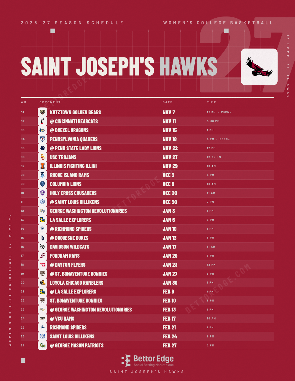 Saint Joseph's Hawks 2026-27 women's basketball schedule, free printable, every game with start times and TV