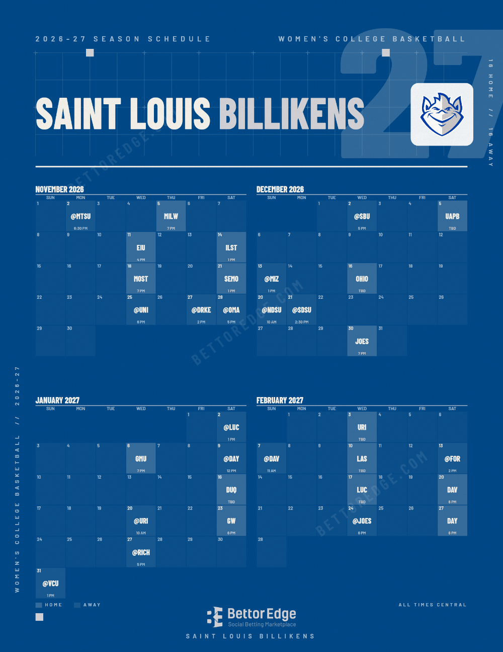 Saint Louis Billikens 2026-27 women's basketball schedule, free printable, every game with start times and TV