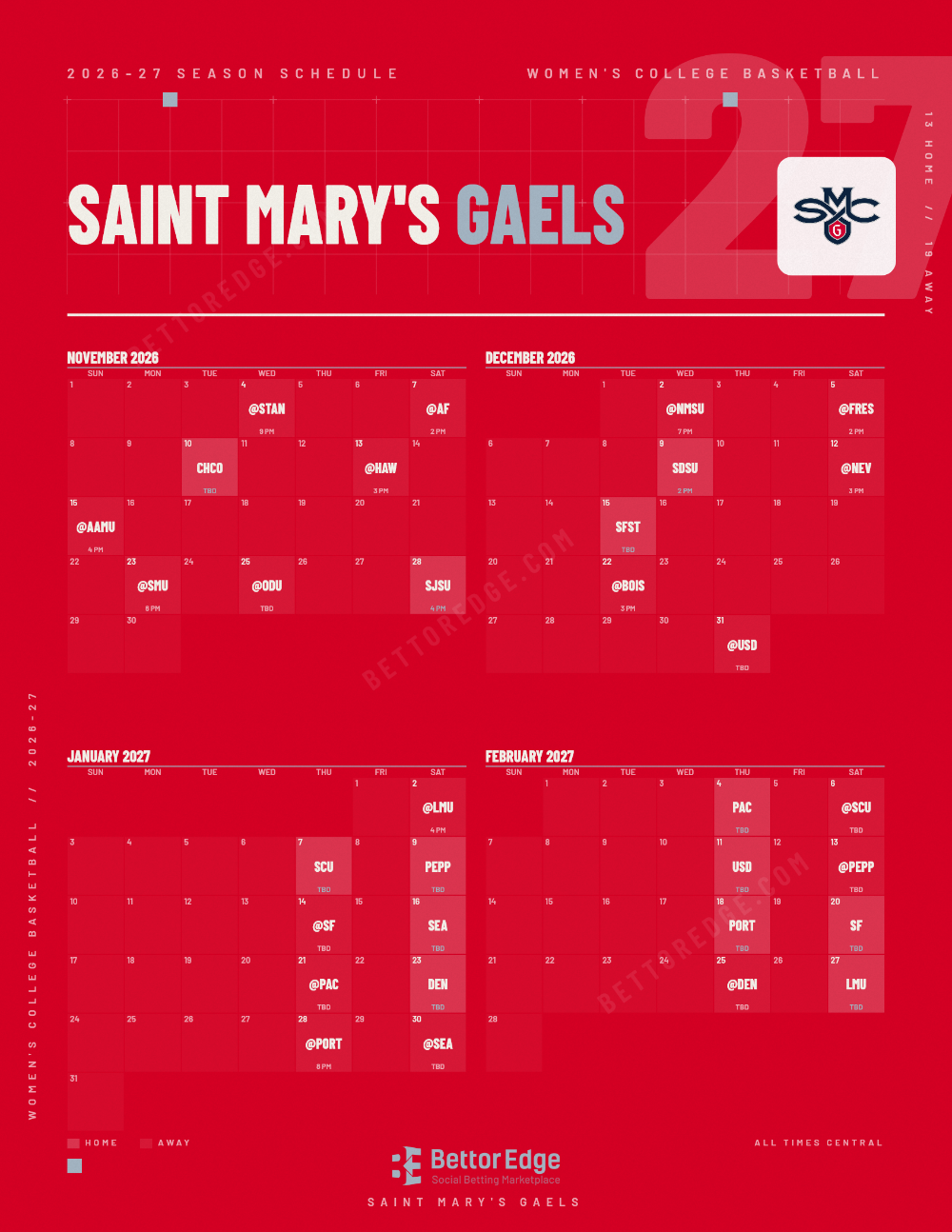 Saint Mary's Gaels 2026-27 women's basketball schedule, free printable, every game with start times and TV
