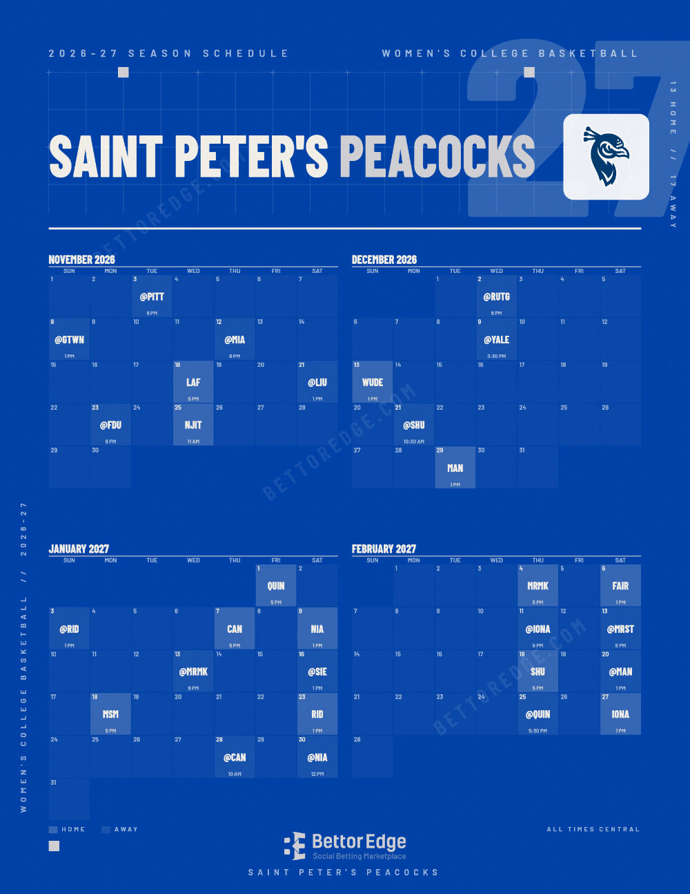 Saint Peter's Peacocks 2026-27 women's basketball schedule, free printable, every game with start times and TV