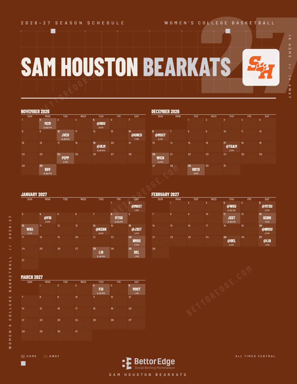 Sam Houston Bearkats 2026-27 women's basketball schedule, free printable, every game with start times and TV