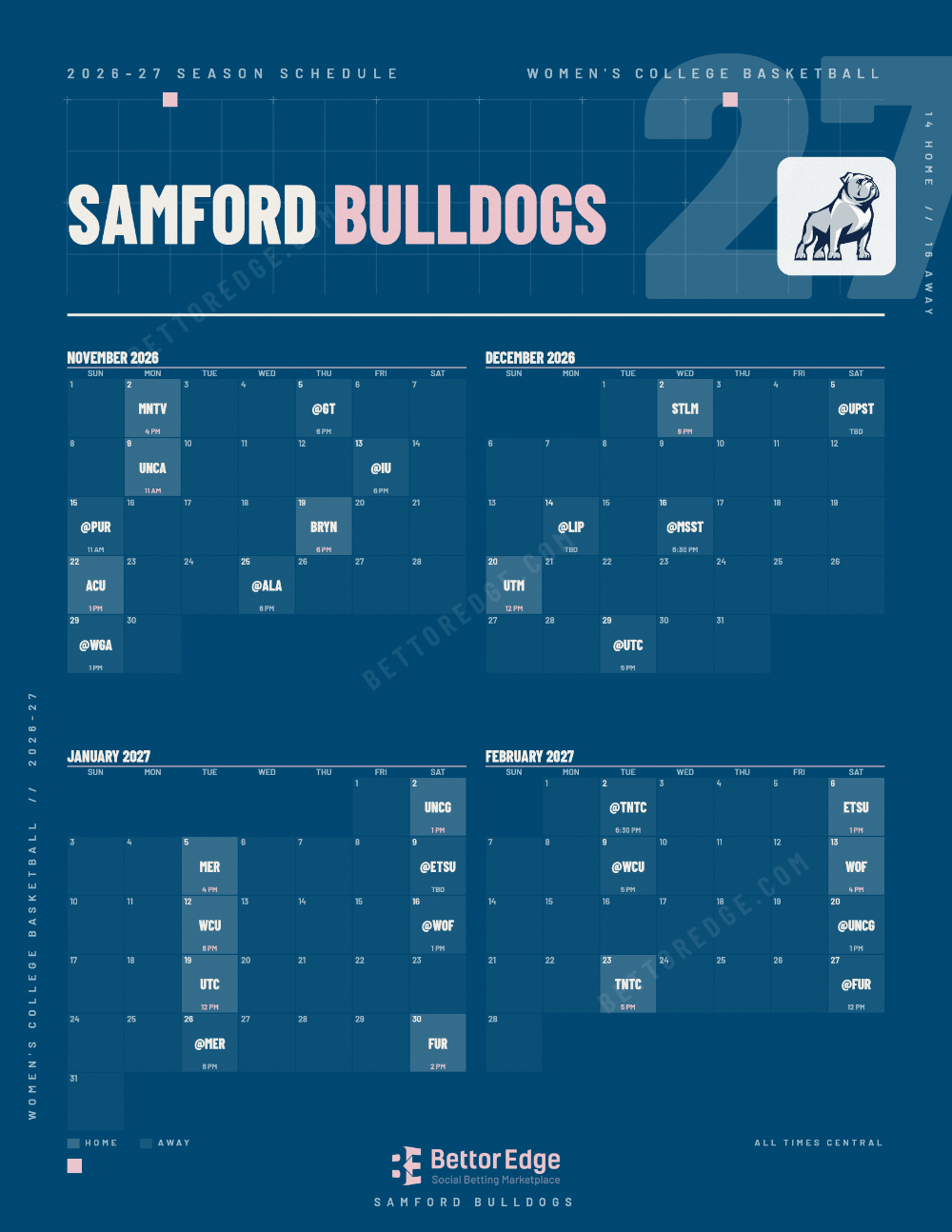 Samford Bulldogs 2026-27 women's basketball schedule, free printable, every game with start times and TV