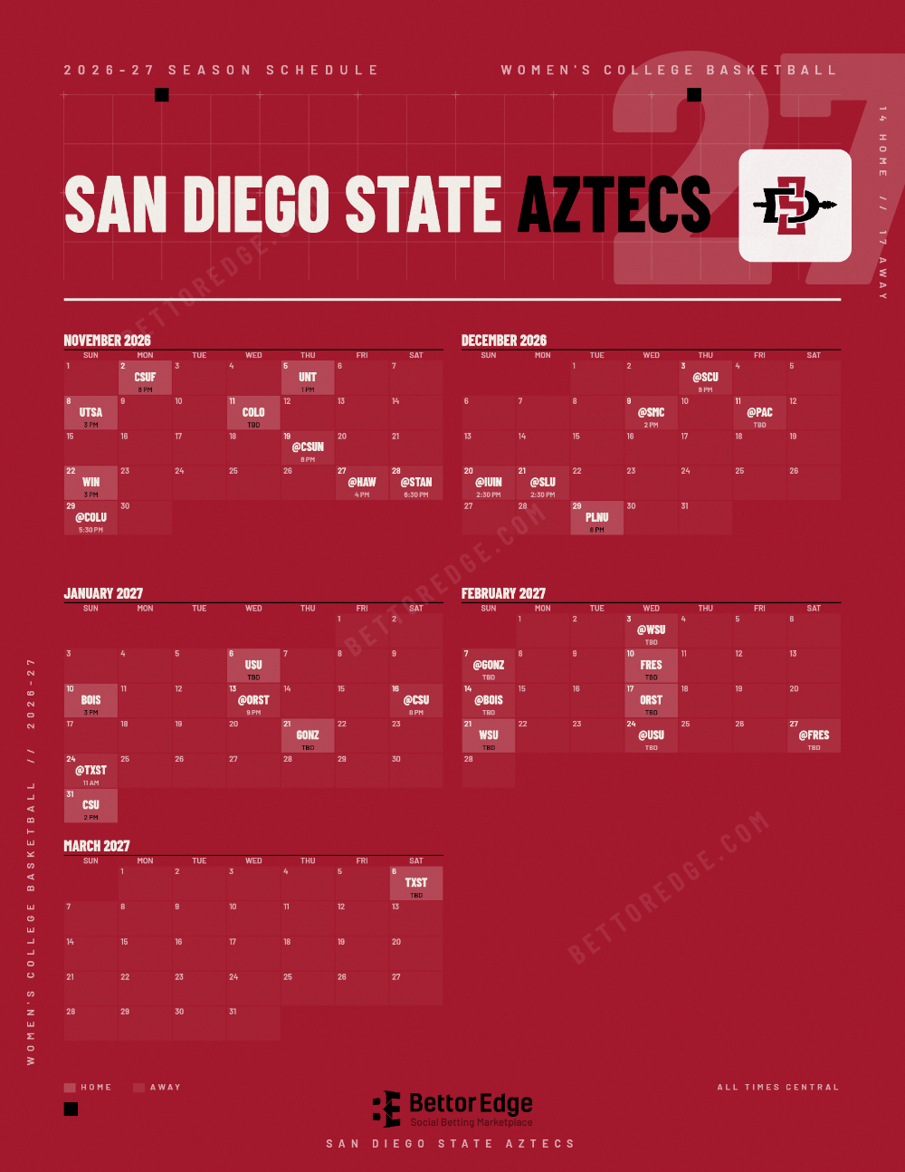 San Diego State Aztecs 2026-27 women's basketball schedule, free printable, every game with start times and TV