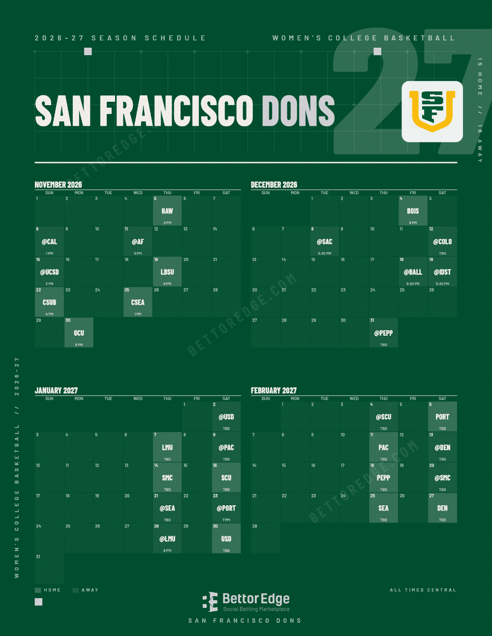 San Francisco Dons 2026-27 women's basketball schedule, free printable, every game with start times and TV