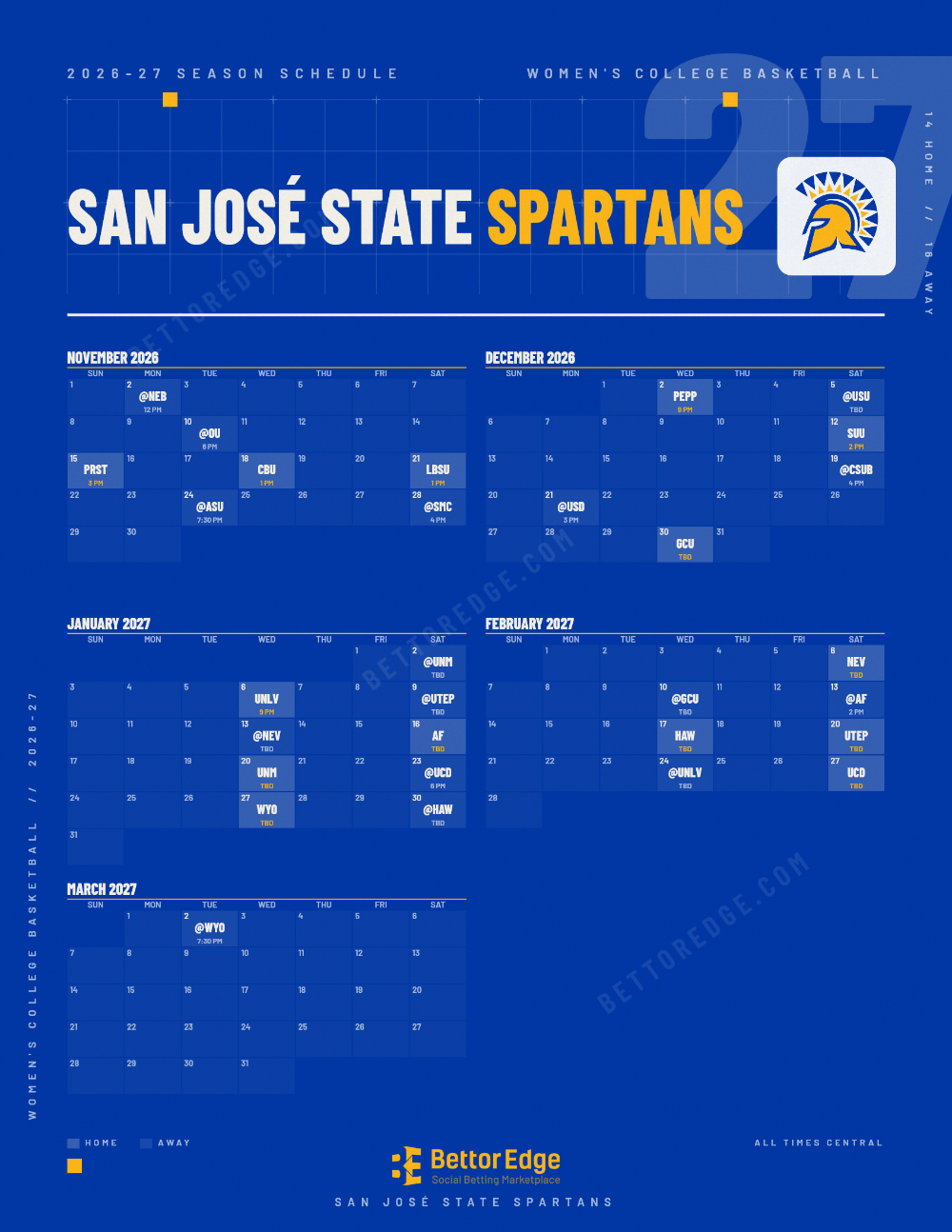 San José State Spartans 2026-27 women's basketball schedule, free printable, every game with start times and TV