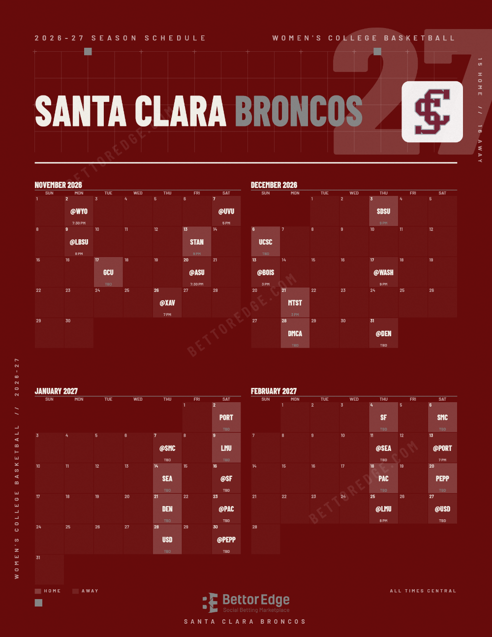 Santa Clara Broncos 2026-27 women's basketball schedule, free printable, every game with start times and TV