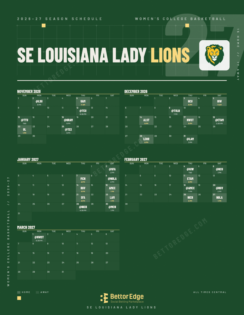 SE Louisiana Lady Lions 2026-27 women's basketball schedule, free printable, every game with start times and TV