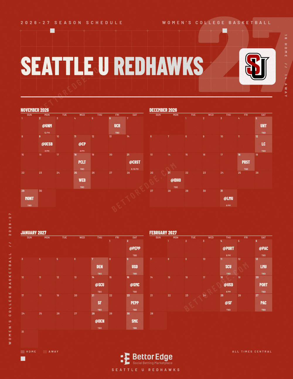 Seattle U Redhawks 2026-27 women's basketball schedule, free printable, every game with start times and TV
