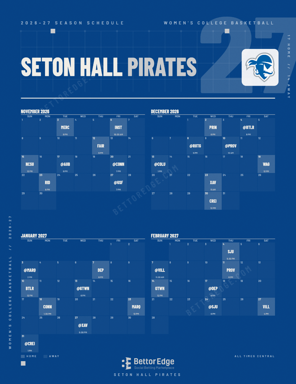 Seton Hall Pirates 2026-27 women's basketball schedule, free printable, every game with start times and TV