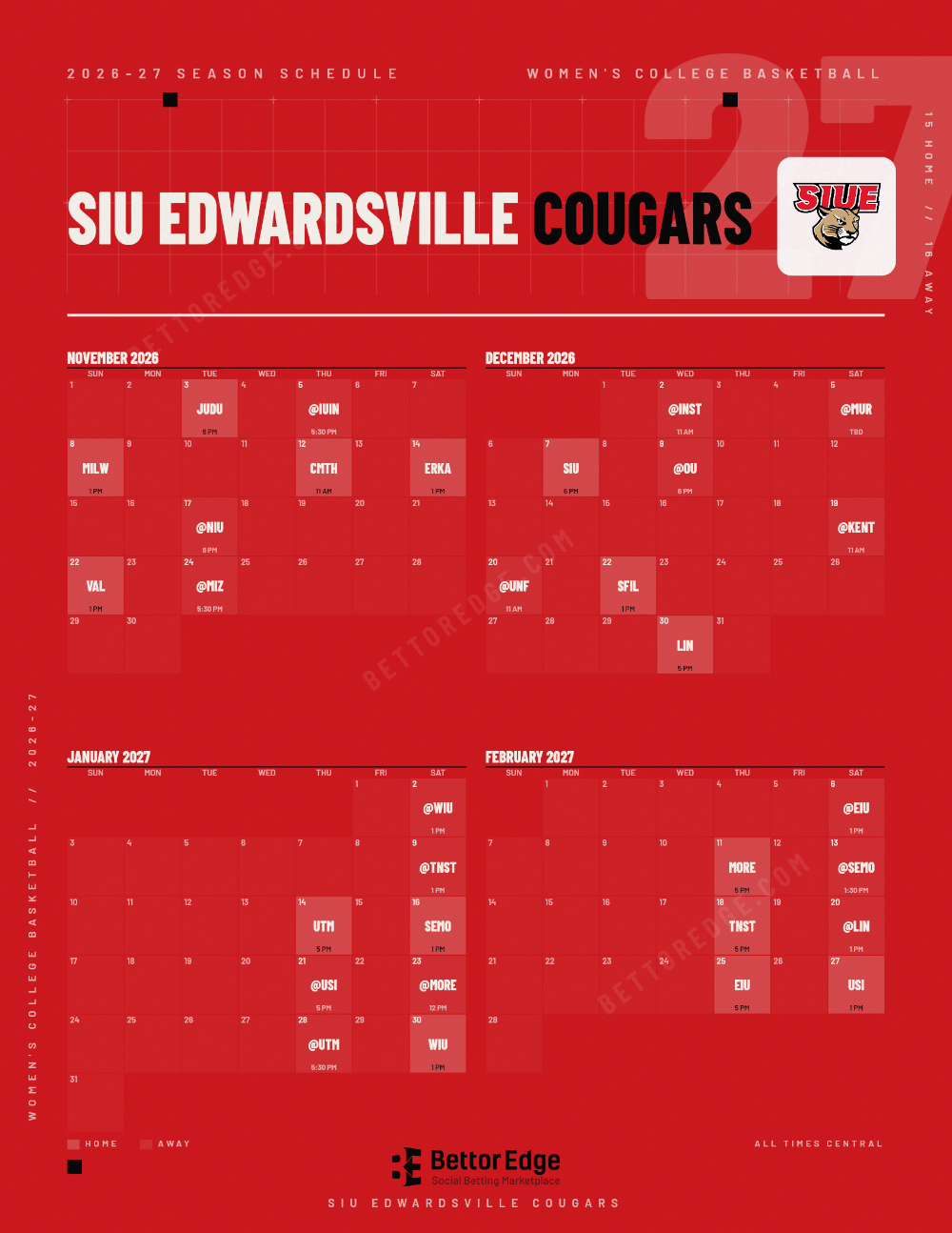 SIU Edwardsville Cougars 2026-27 women's basketball schedule, free printable, every game with start times and TV