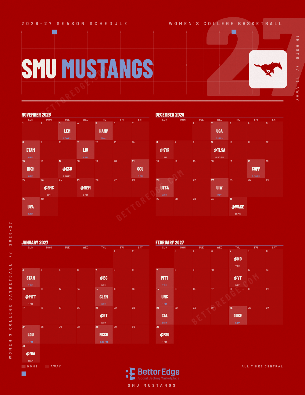 SMU Mustangs 2026-27 women's basketball schedule, free printable, every game with start times and TV
