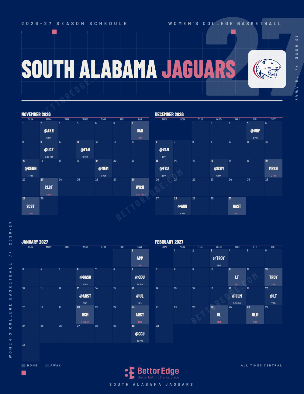 South Alabama Jaguars 2026-27 women's basketball schedule, free printable, every game with start times and TV