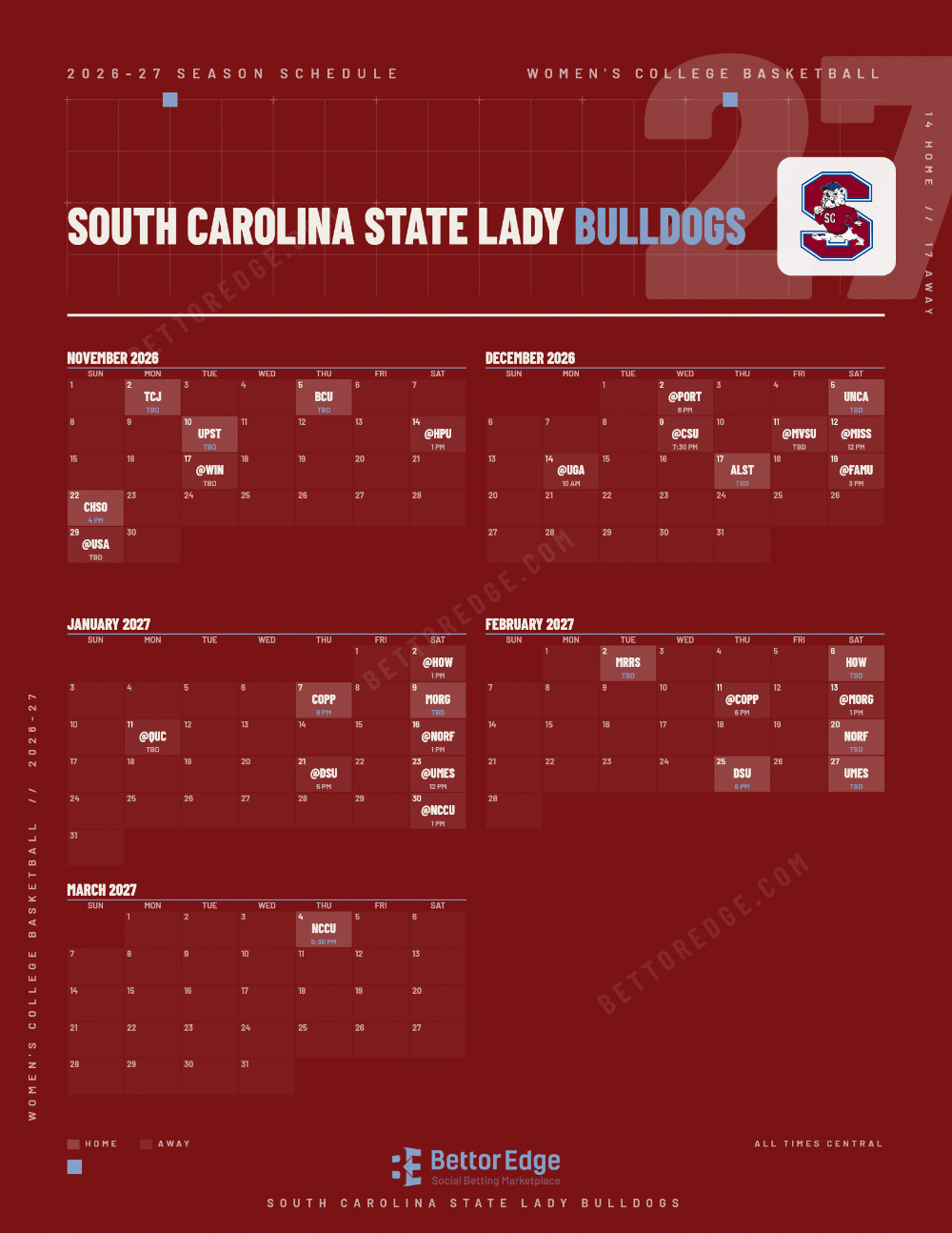 South Carolina State Lady Bulldogs 2026-27 women's basketball schedule, free printable, every game with start times and TV