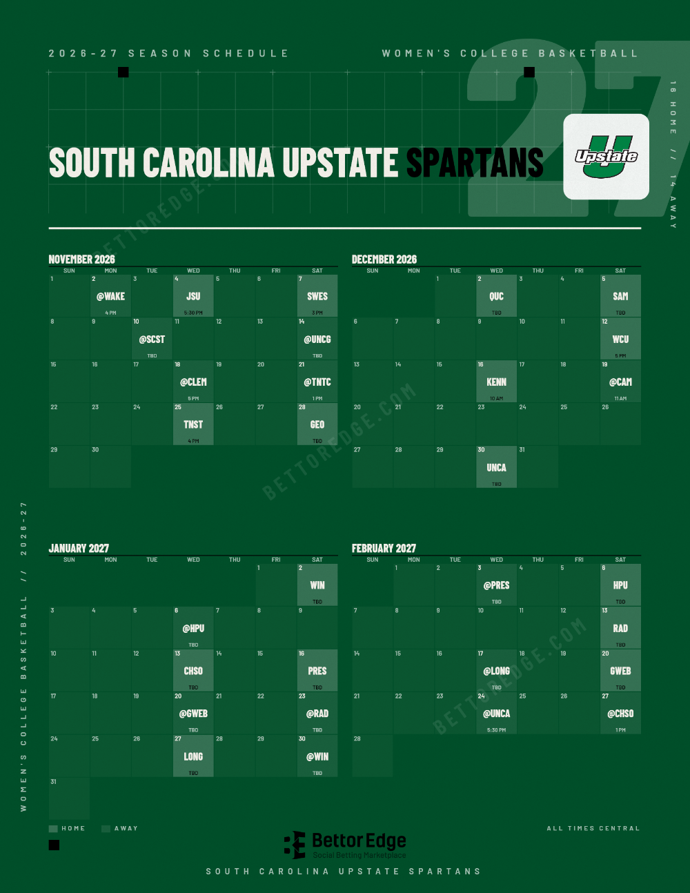 South Carolina Upstate Spartans 2026-27 women's basketball schedule, free printable, every game with start times and TV