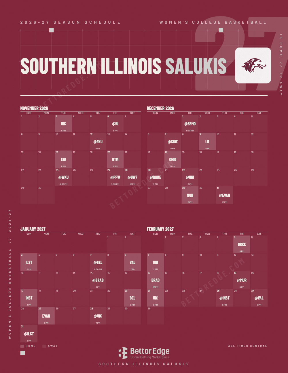 Southern Illinois Salukis 2026-27 women's basketball schedule, free printable, every game with start times and TV