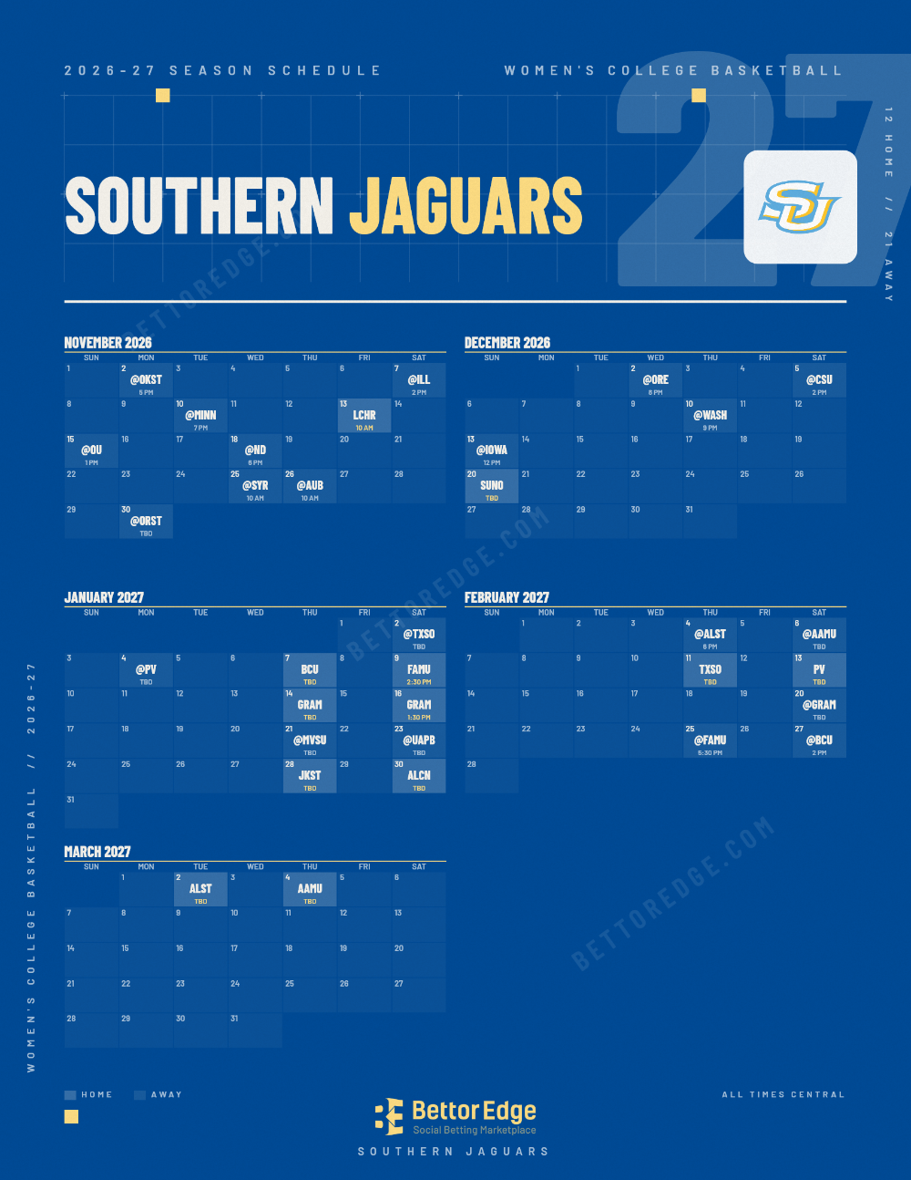 Southern Jaguars 2026-27 women's basketball schedule, free printable, every game with start times and TV