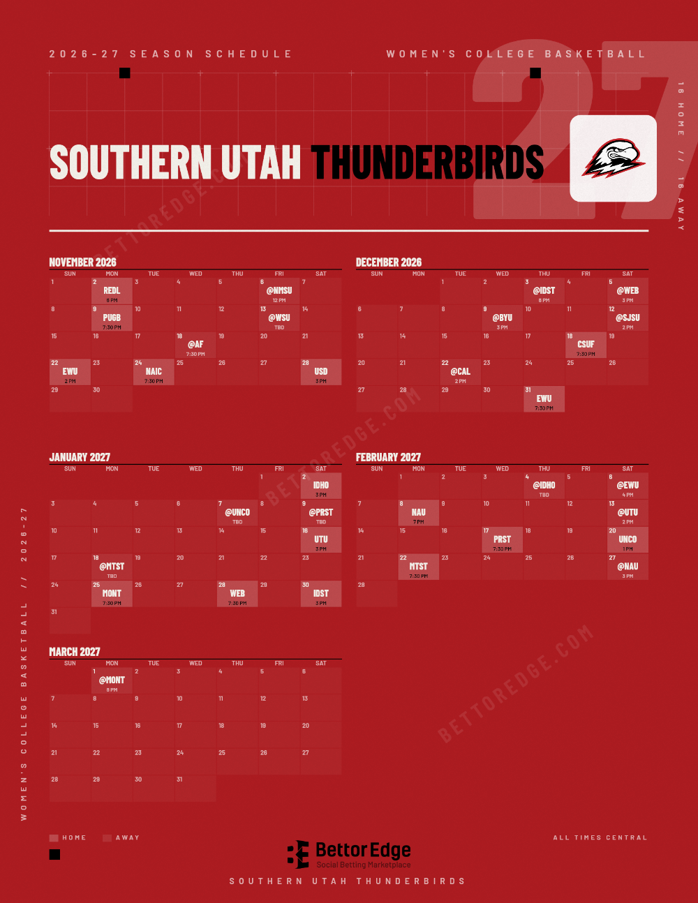 Southern Utah Thunderbirds 2026-27 women's basketball schedule, free printable, every game with start times and TV