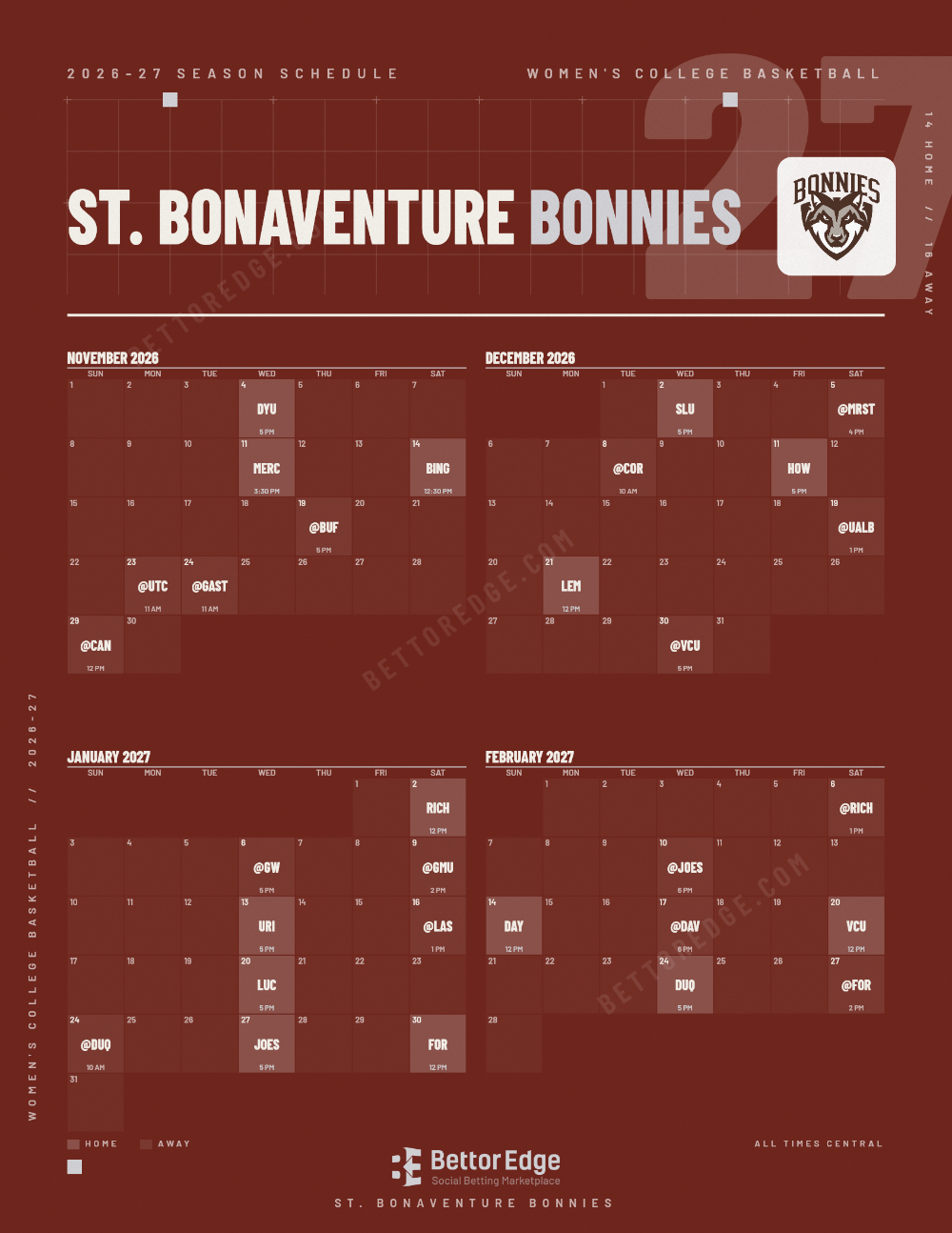 St. Bonaventure Bonnies 2026-27 women's basketball schedule, free printable, every game with start times and TV