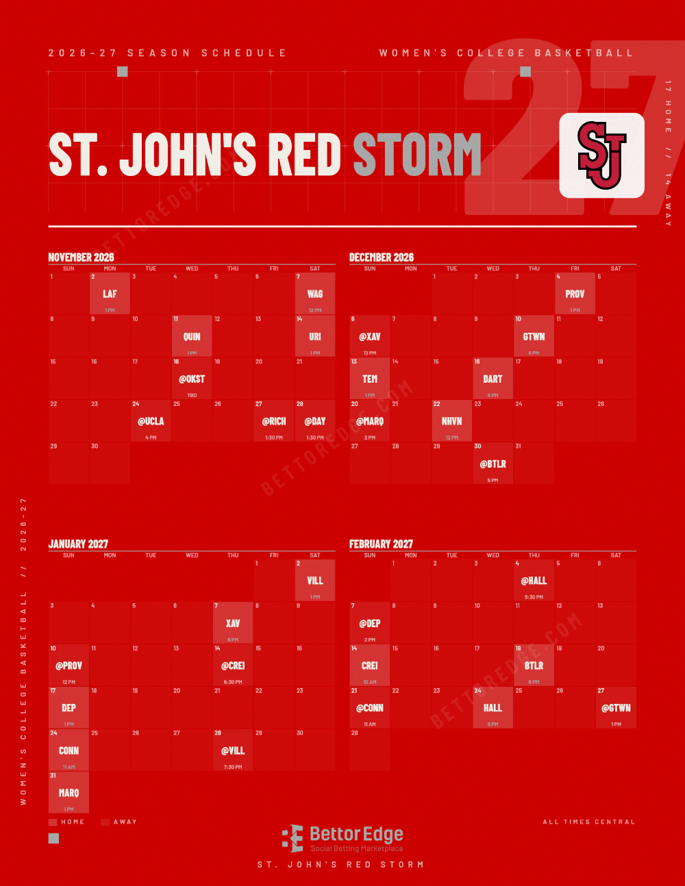 St. John's Red Storm 2026-27 women's basketball schedule, free printable, every game with start times and TV