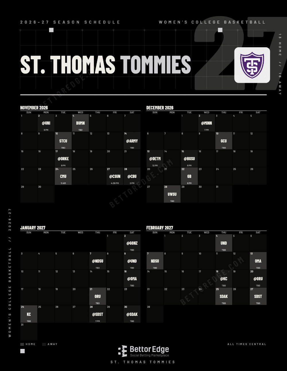St. Thomas Tommies 2026-27 women's basketball schedule, free printable, every game with start times and TV