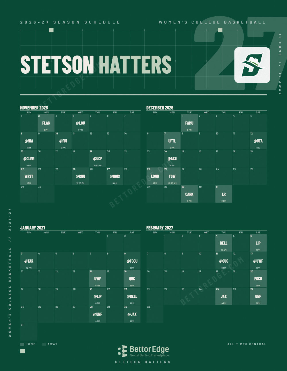 Stetson Hatters 2026-27 women's basketball schedule, free printable, every game with start times and TV