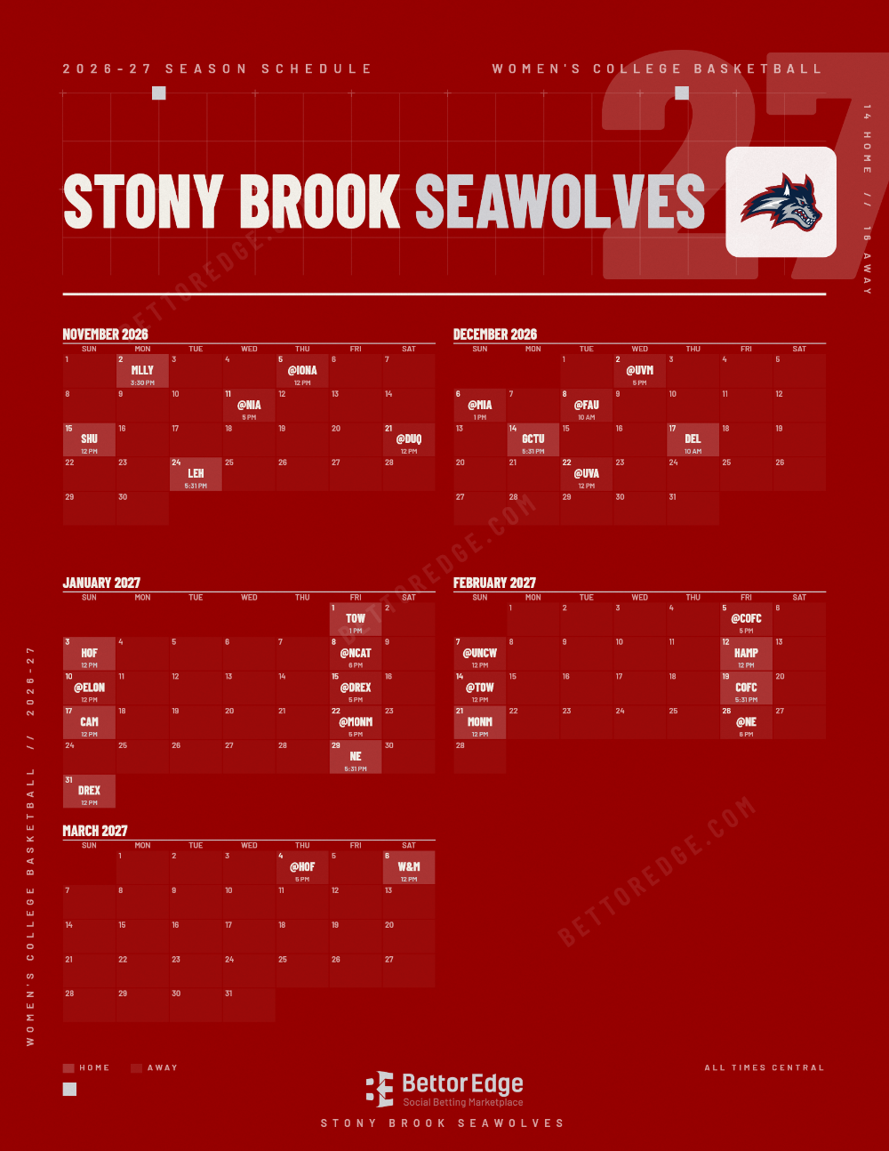 Stony Brook Seawolves 2026-27 women's basketball schedule, free printable, every game with start times and TV