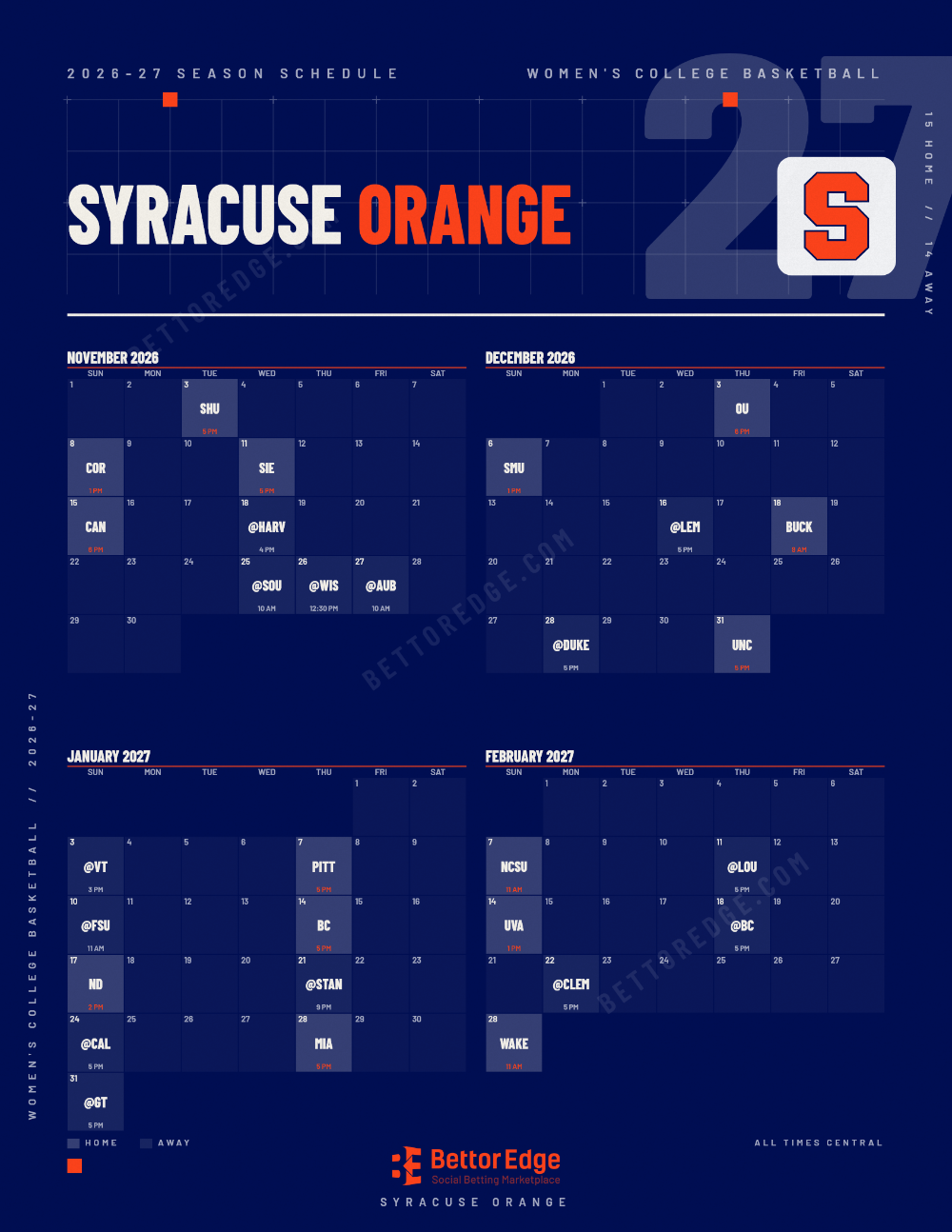 Syracuse Orange 2026-27 women's basketball schedule, free printable, every game with start times and TV