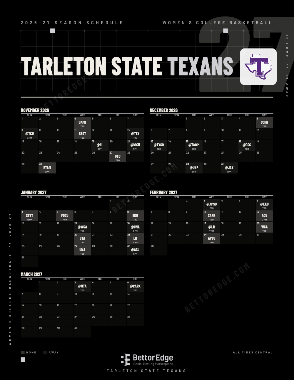Tarleton State Texans 2026-27 women's basketball schedule, free printable, every game with start times and TV