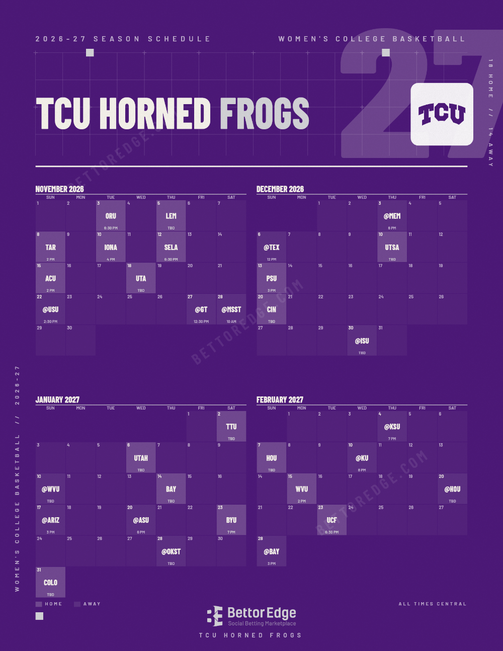 TCU Horned Frogs 2026-27 women's basketball schedule, free printable, every game with start times and TV