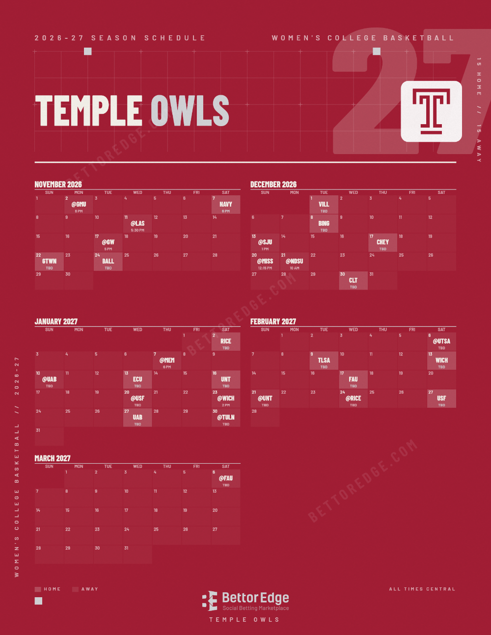Temple Owls 2026-27 women's basketball schedule, free printable, every game with start times and TV
