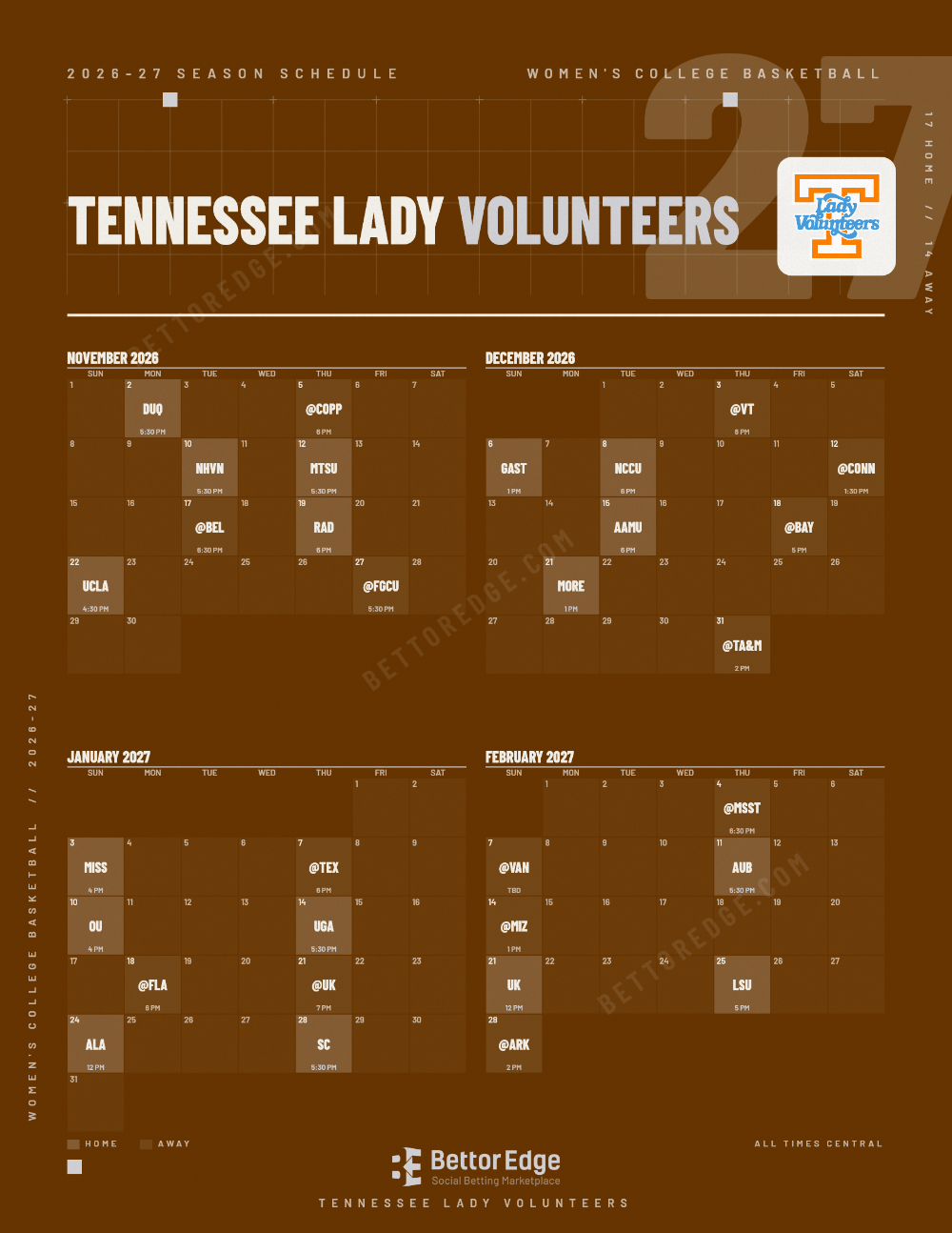 Tennessee Lady Volunteers 2026-27 women's basketball schedule, free printable, every game with start times and TV