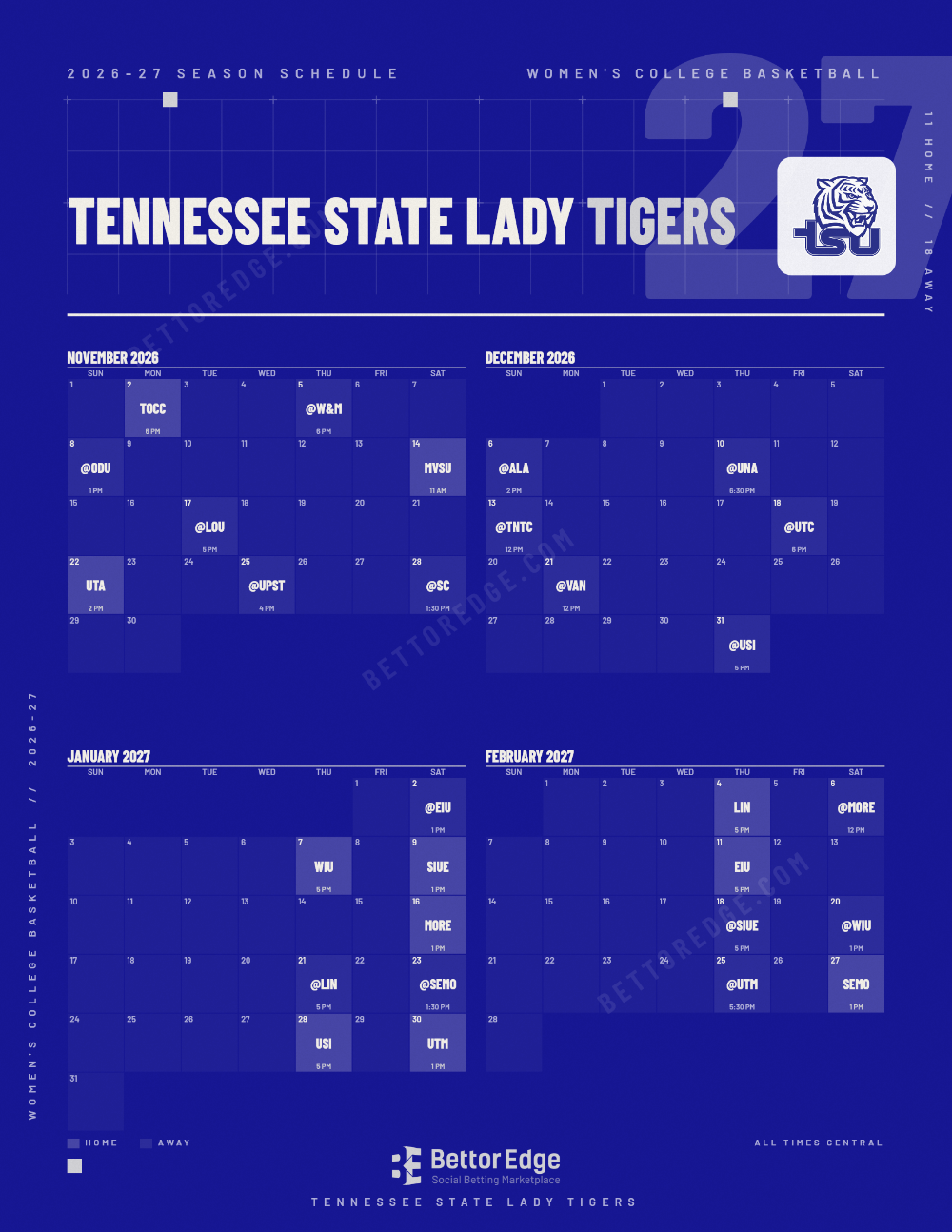 Tennessee State Lady Tigers 2026-27 women's basketball schedule, free printable, every game with start times and TV