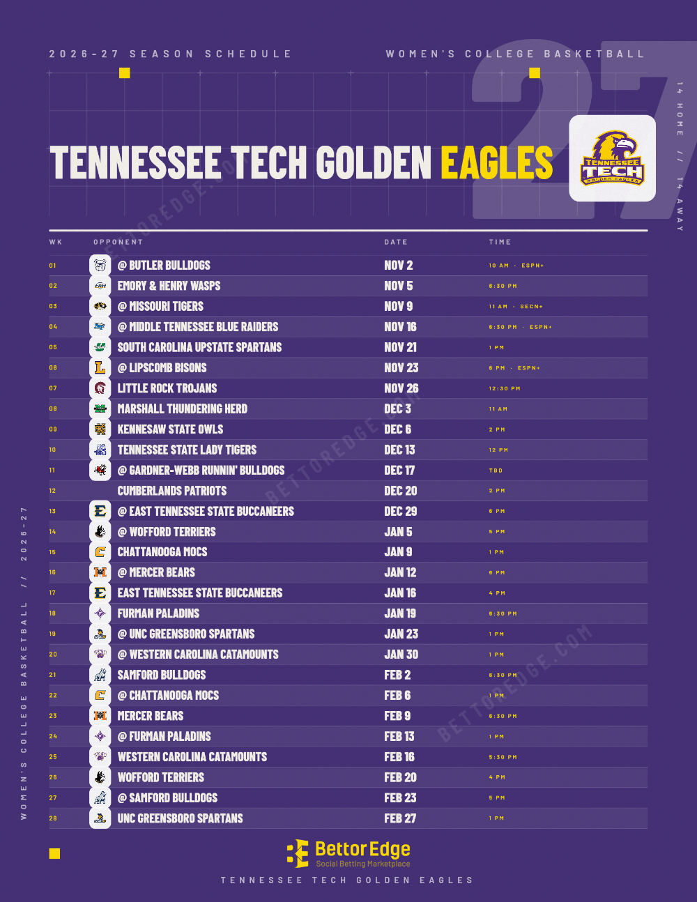 Tennessee Tech Golden Eagles 2026-27 women's basketball schedule, free printable, every game with start times and TV