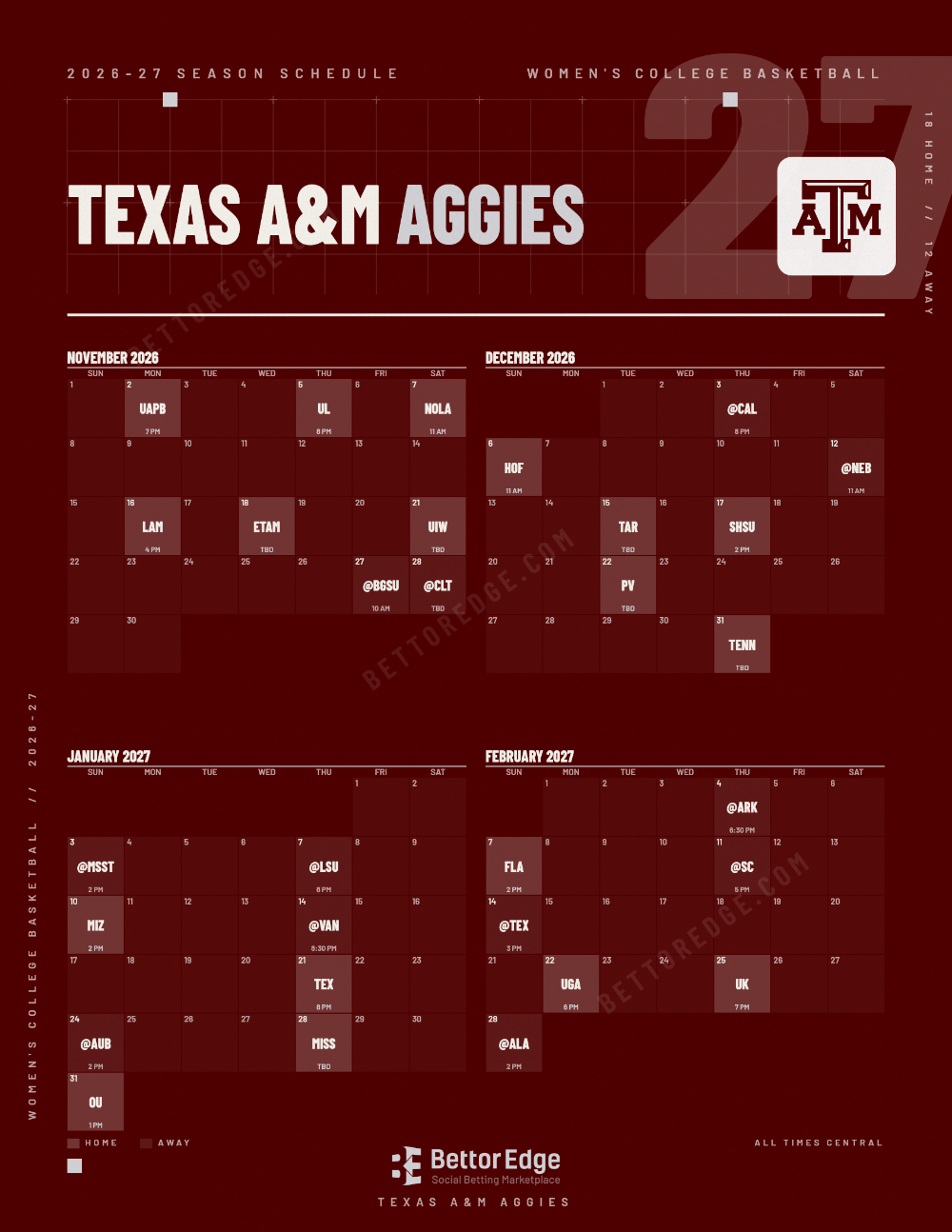 Texas A&M Aggies 2026-27 women's basketball schedule, free printable, every game with start times and TV