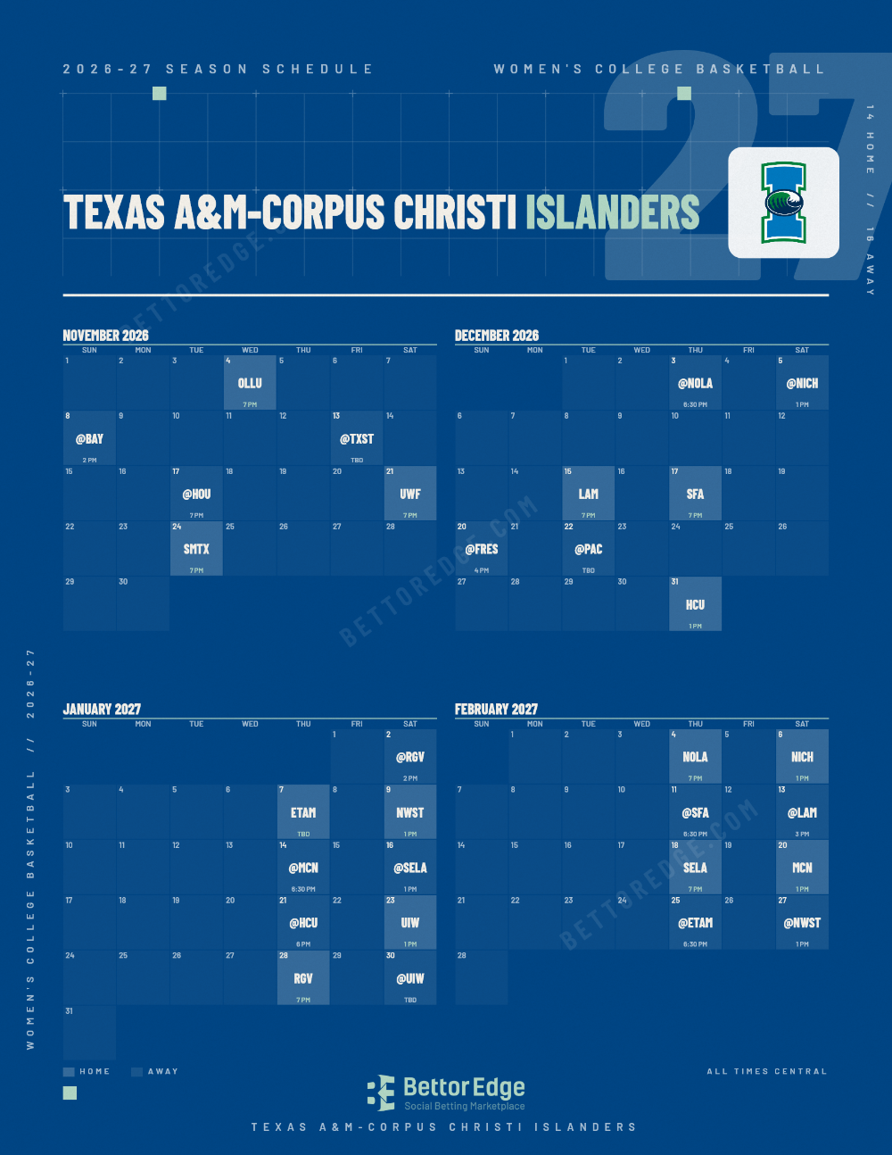 Texas A&M-Corpus Christi Islanders 2026-27 women's basketball schedule, free printable, every game with start times and TV
