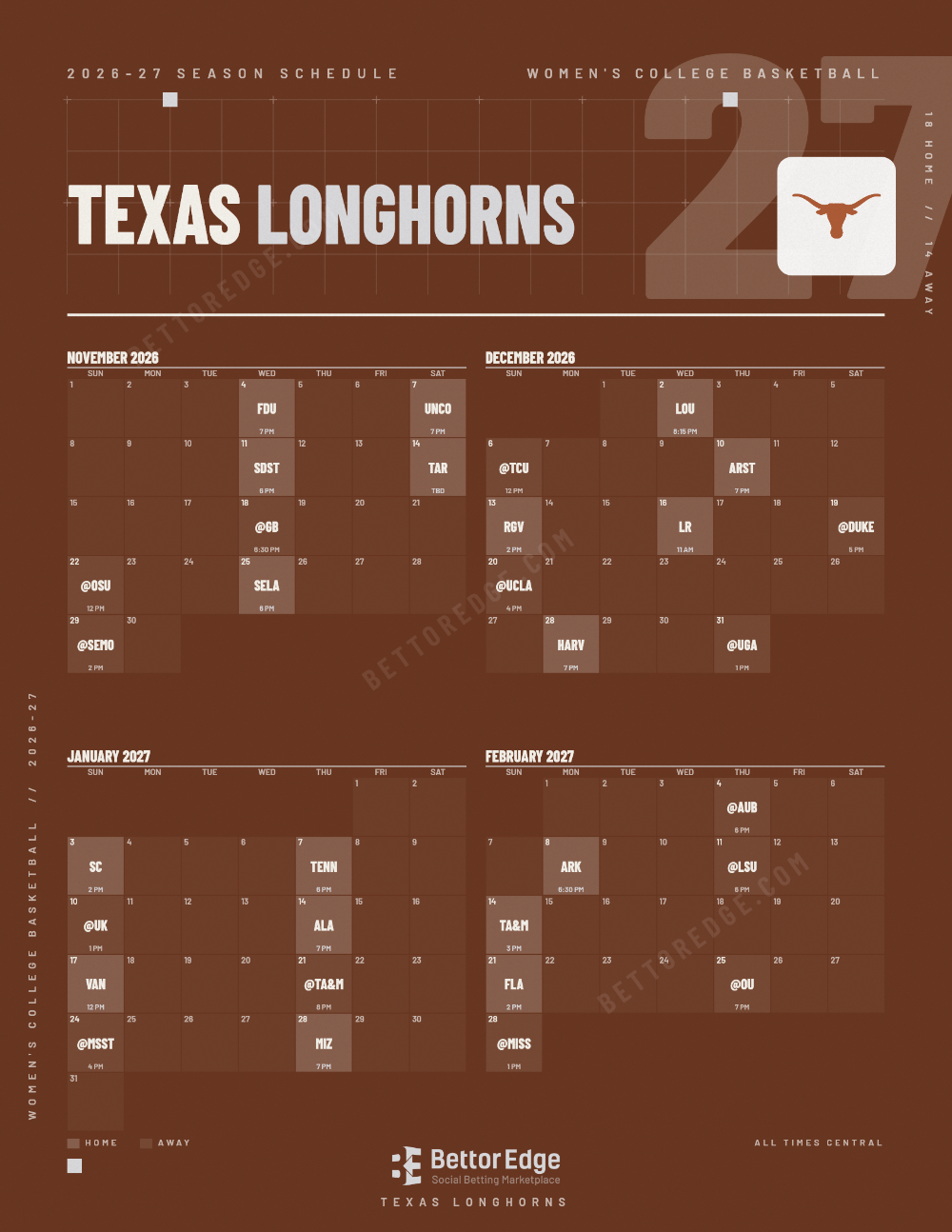 Texas Longhorns 2026-27 women's basketball schedule, free printable, every game with start times and TV