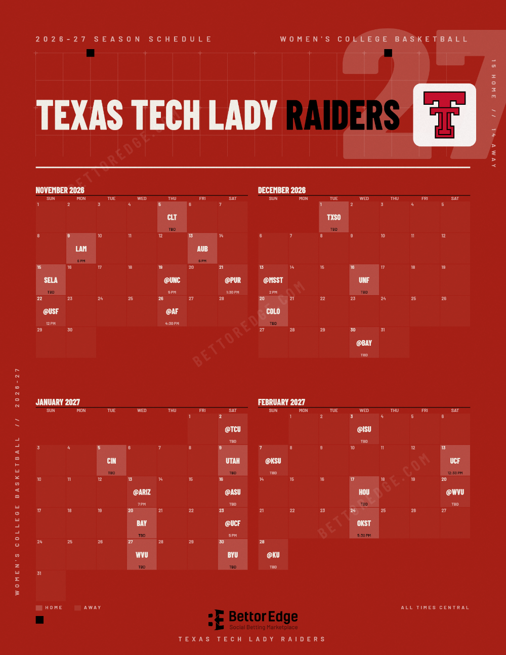 Texas Tech Lady Raiders 2026-27 women's basketball schedule, free printable, every game with start times and TV