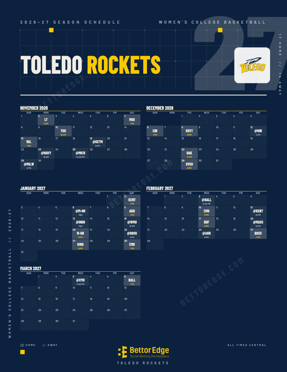 Toledo Rockets 2026-27 women's basketball schedule, free printable, every game with start times and TV
