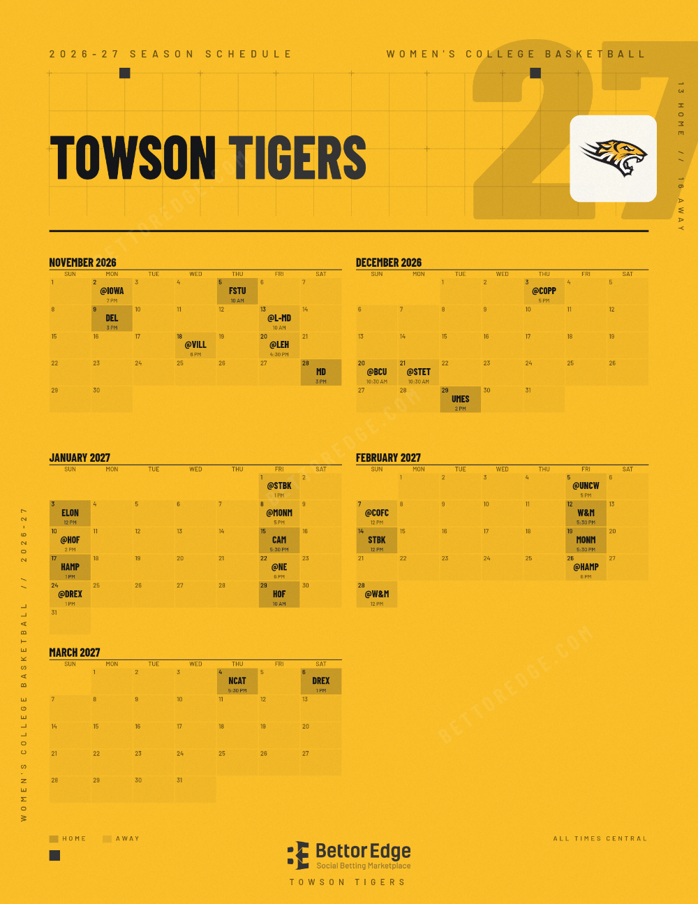 Towson Tigers 2026-27 women's basketball schedule, free printable, every game with start times and TV