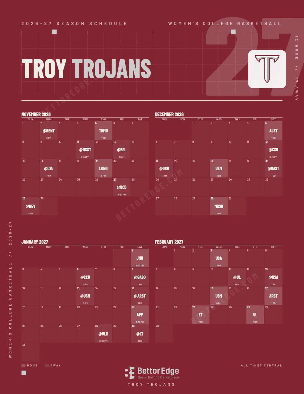 Troy Trojans 2026-27 women's basketball schedule, free printable, every game with start times and TV
