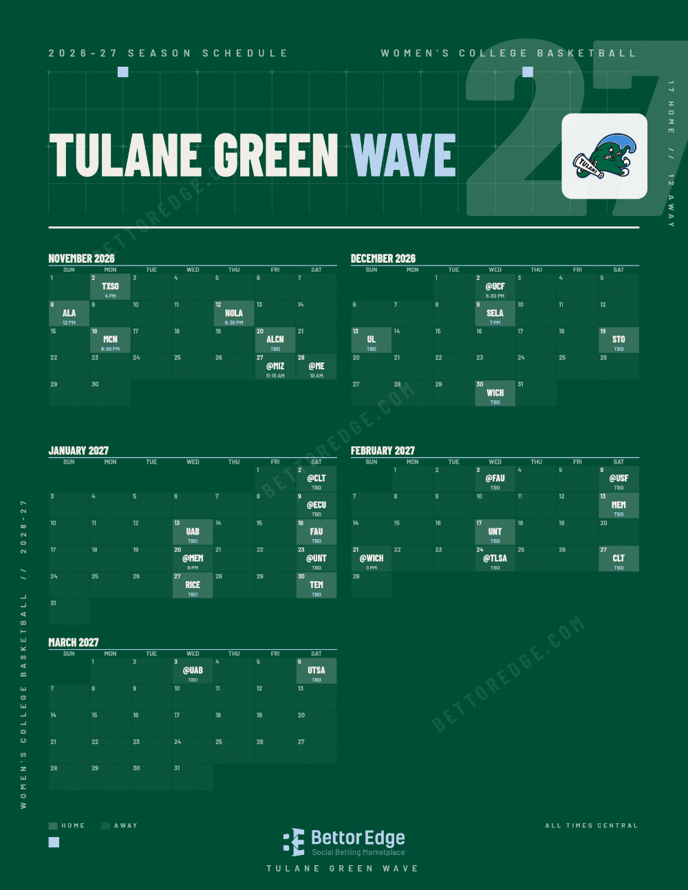 Tulane Green Wave 2026-27 women's basketball schedule, free printable, every game with start times and TV