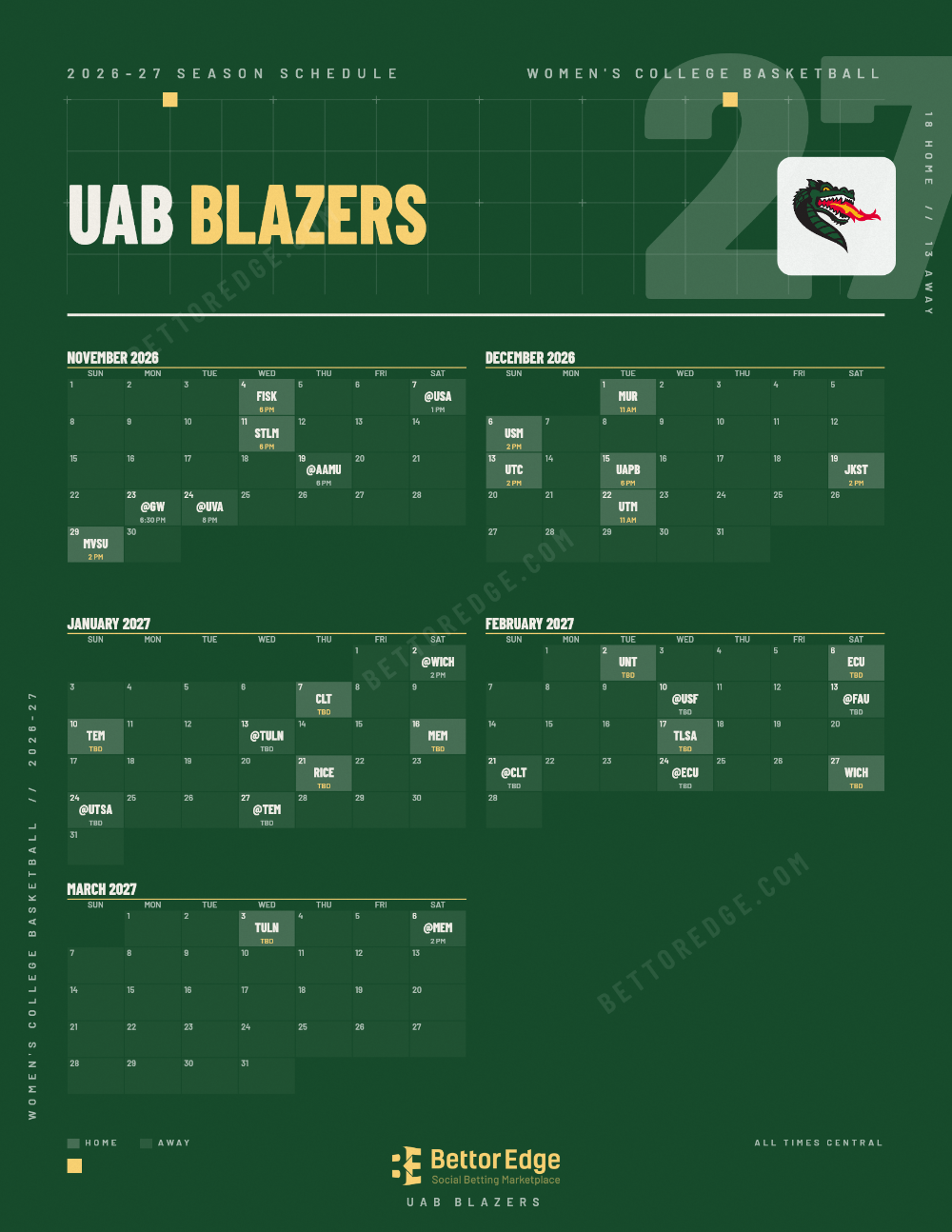 UAB Blazers 2026-27 women's basketball schedule, free printable, every game with start times and TV