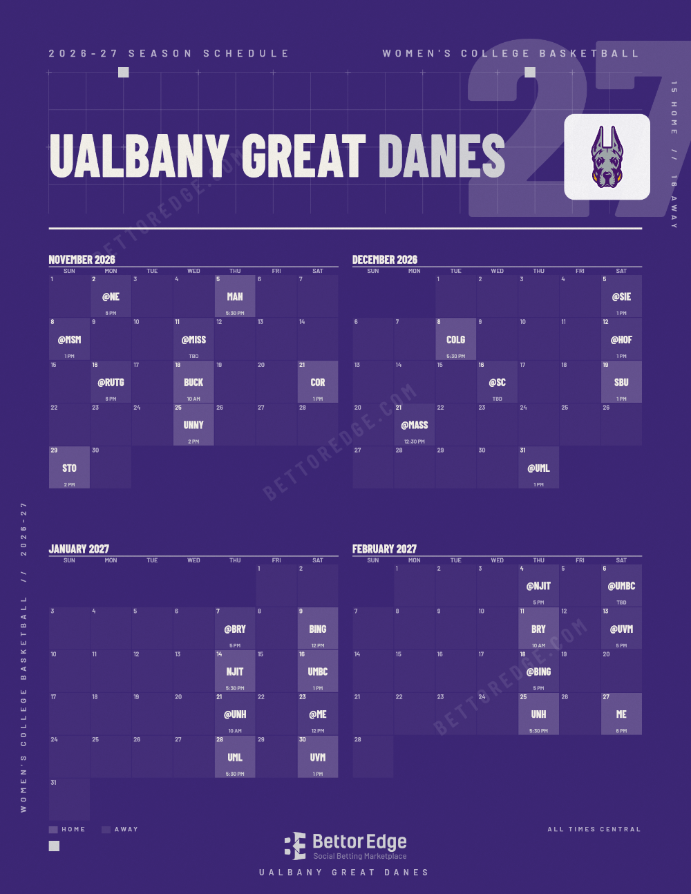 UAlbany Great Danes 2026-27 women's basketball schedule, free printable, every game with start times and TV