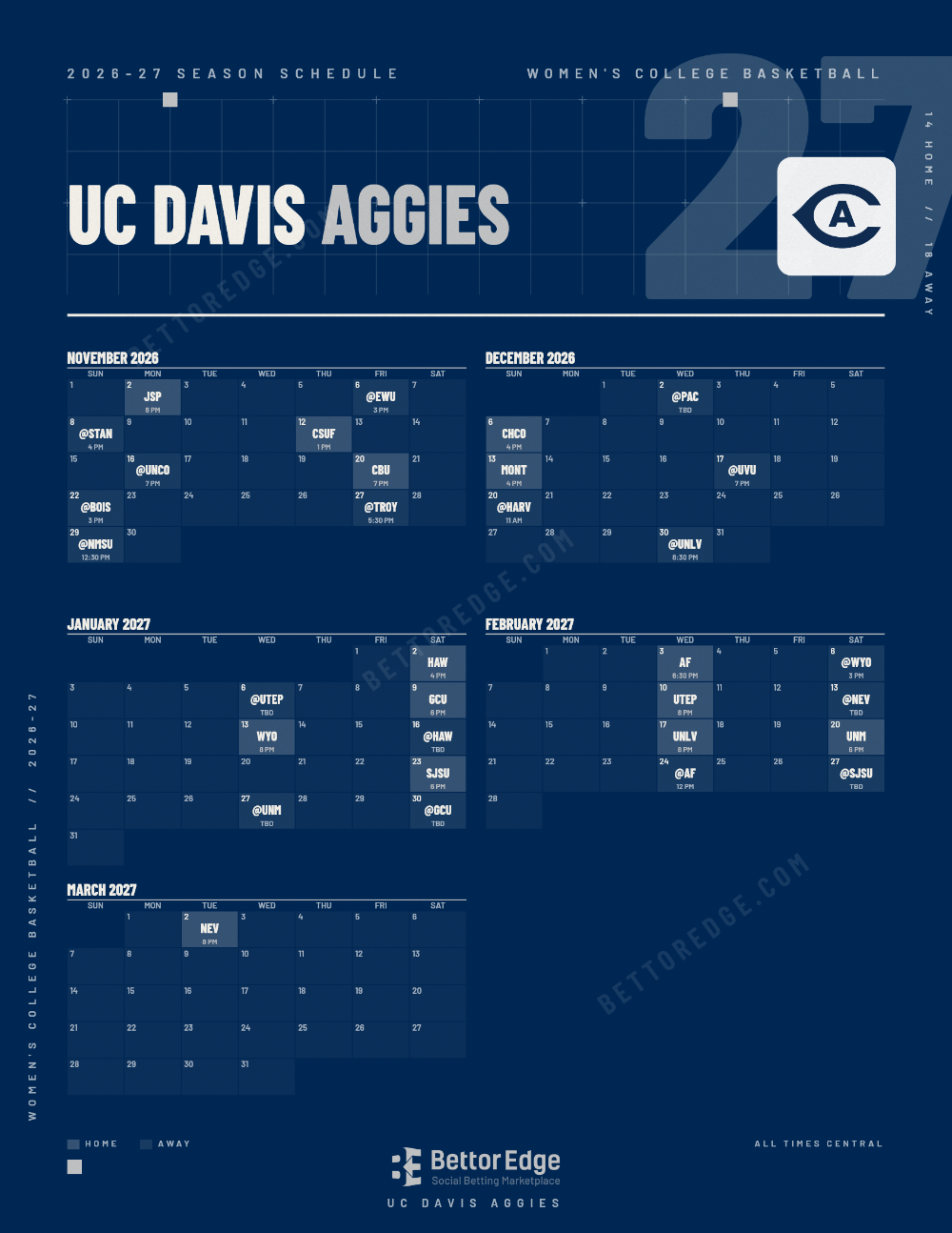 UC Davis Aggies 2026-27 women's basketball schedule, free printable, every game with start times and TV