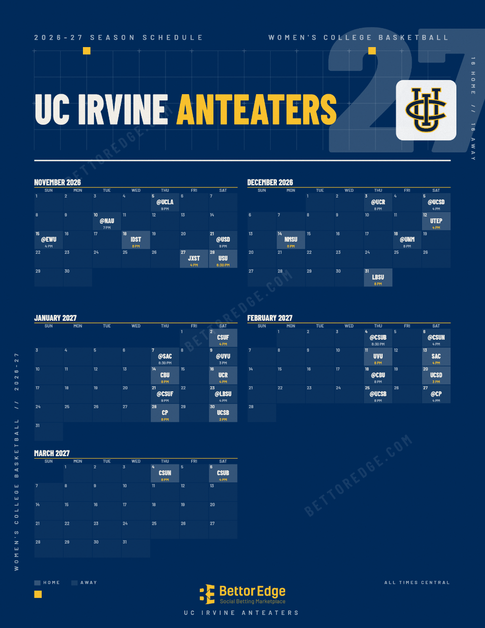 UC Irvine Anteaters 2026-27 women's basketball schedule, free printable, every game with start times and TV